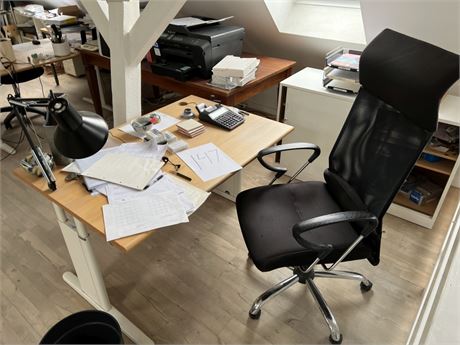 Arbejdsplads, hæve-sænke skrivebord, lampe, skab og kontorstol